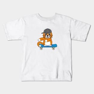 Cute Orange Cat on Skateboard Cartoon Kids T-Shirt